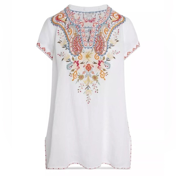Johnny Was Large Workshop Tikal Tunic Top White Floral Embroidered